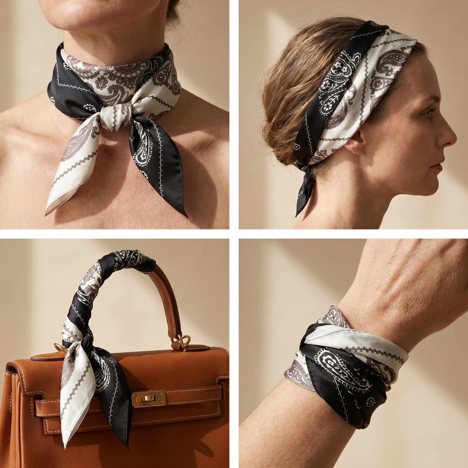 Roselys Paris foulard femme noir crème paisley carré satiné 70x70 cm, en bandeau dans les cheveux