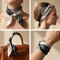 Roselys Paris foulard femme noir crème paisley carré satiné 70x70 cm, en bandeau dans les cheveux