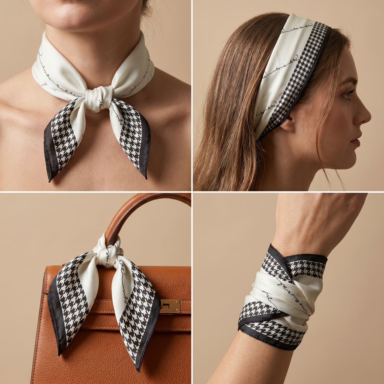 Roselys Paris foulard femme blanc noir carreaux carré satiné 70x70 cm, en bandeau dans les cheveux