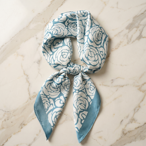 Roselys Paris foulard femme blanc bleu ciel paisley carré satiné 70x70 cm
