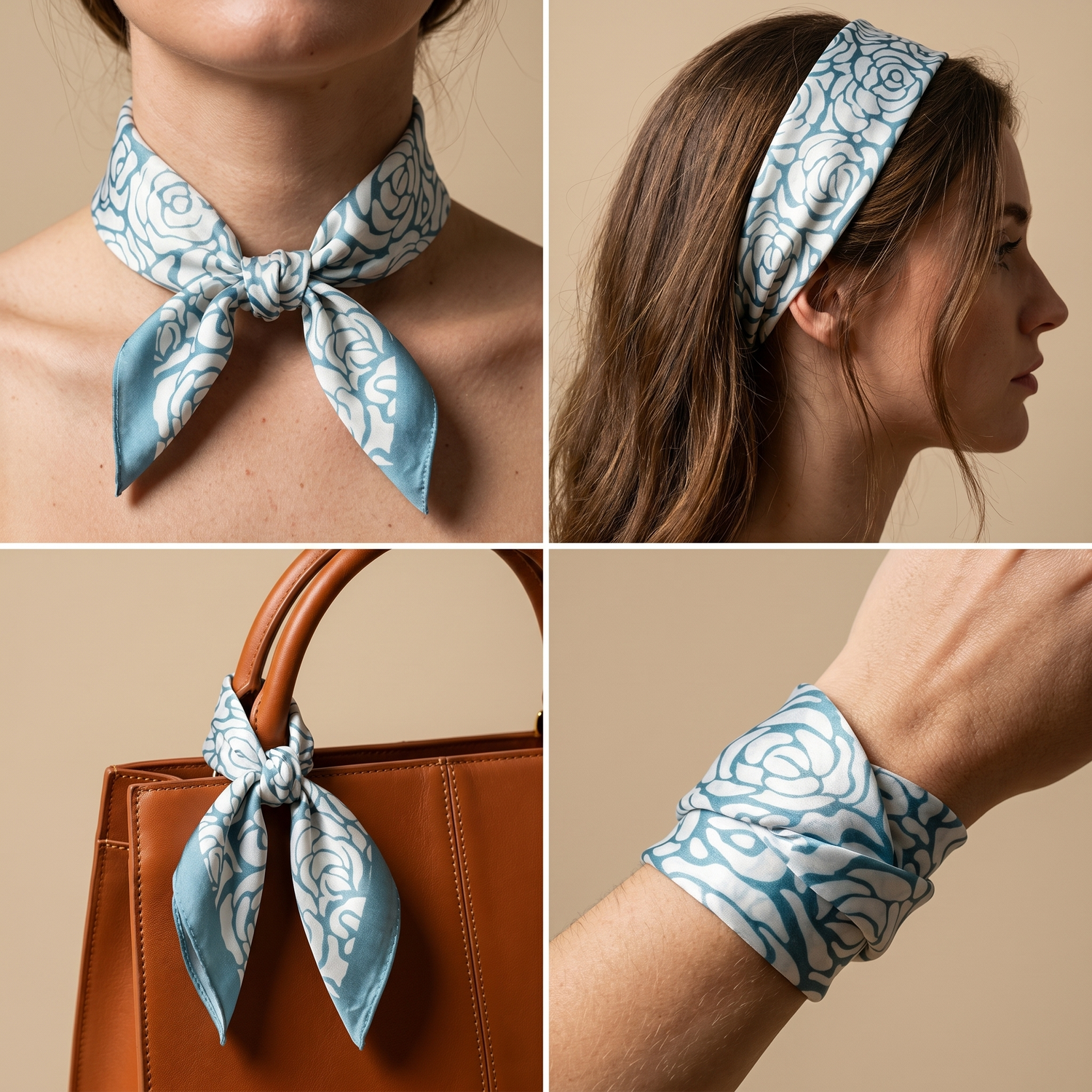 Roselys Paris foulard femme blanc bleu ciel paisley carré satiné 70x70 cm, en bandeau dans les cheveux