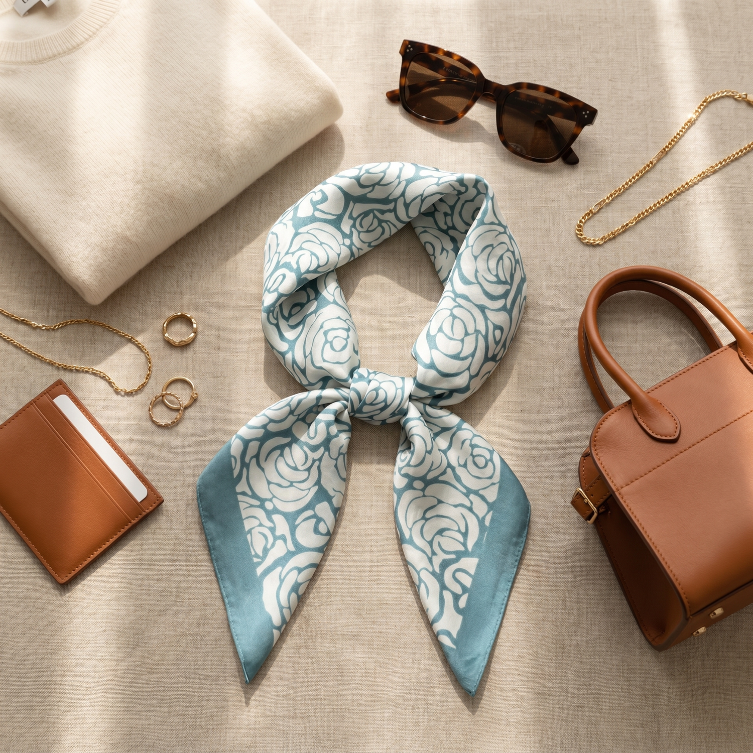Roselys Paris foulard femme blanc bleu ciel paisley carré satiné 70x70 cm, porté au cou