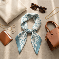 Roselys Paris foulard femme blanc bleu ciel paisley carré satiné 70x70 cm, porté au cou