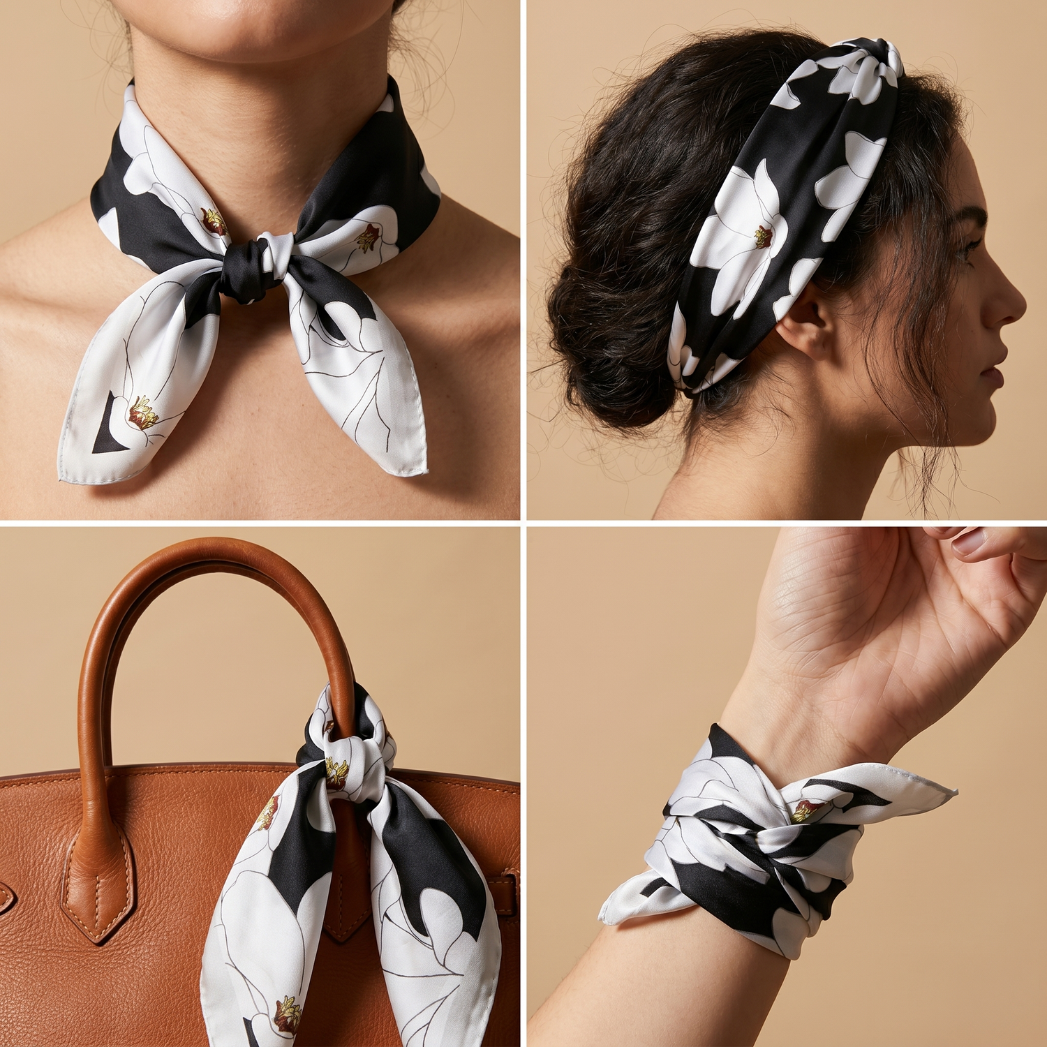 Roselys Paris foulard femme blanc noir abstrait carré satiné 70x70 cm, en bandeau dans les cheveux