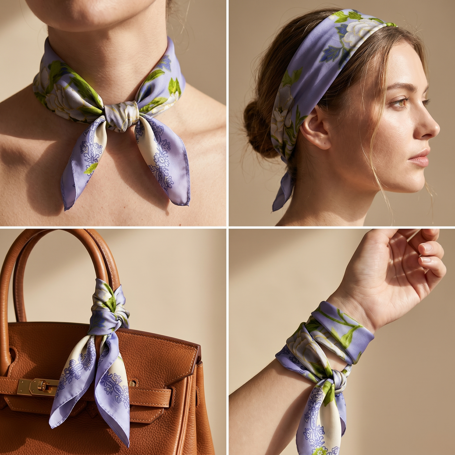 Roselys Paris foulard femme violet vert fleuri carré satiné 70x70 cm, en bandeau dans les cheveux