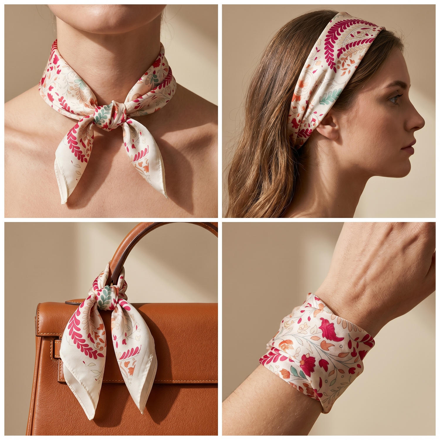Roselys Paris foulard femme crème rose paisley carré satiné 70x70 cm, en bandeau dans les cheveux