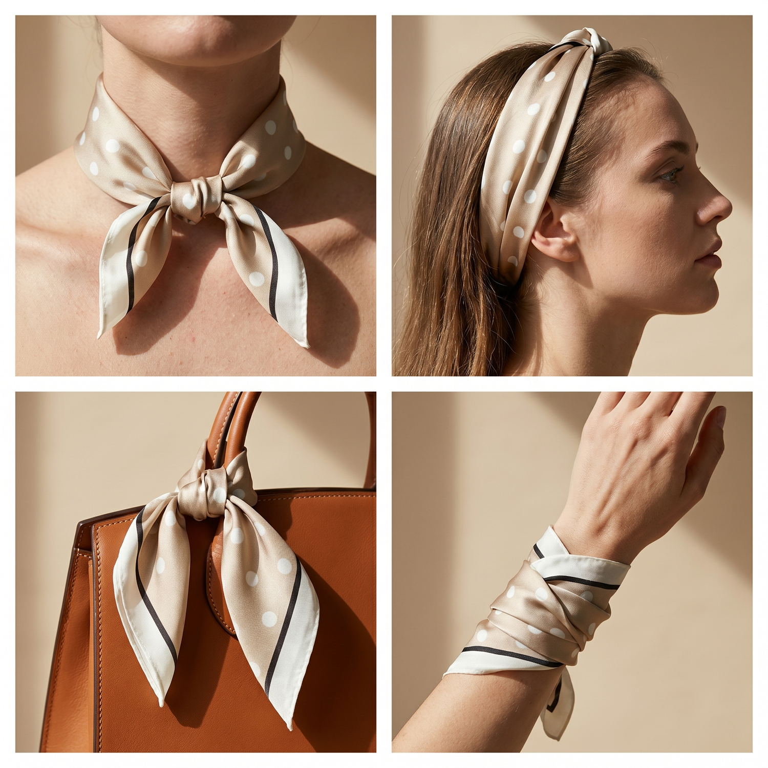 Roselys Paris foulard femme beige blanc géométrique carré satiné 70x70 cm, en bandeau dans les cheveux