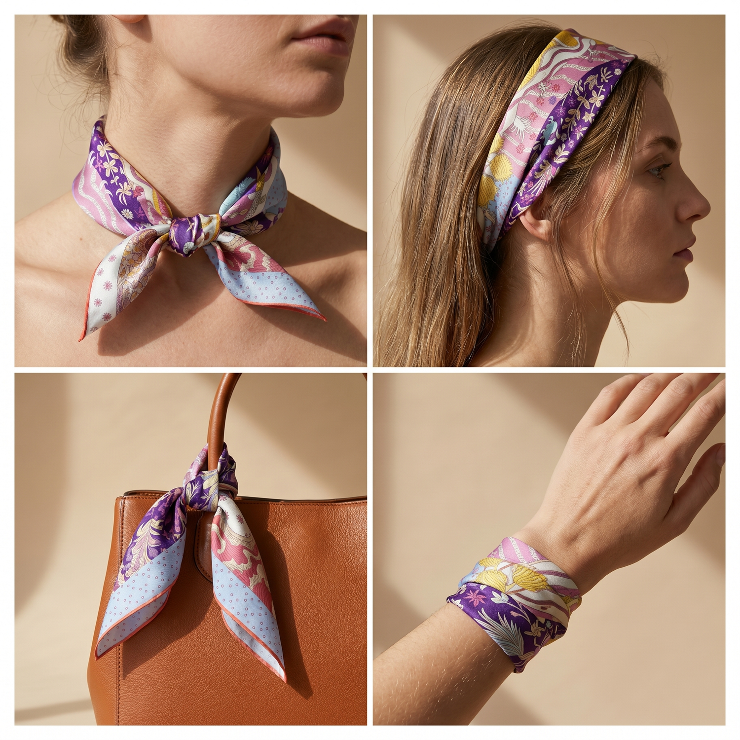 Roselys Paris foulard femme violet bleu paisley carré satiné 70x70 cm, en bandeau dans les cheveux