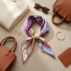 Roselys Paris foulard femme violet bleu paisley carré satiné 70x70 cm, porté au cou