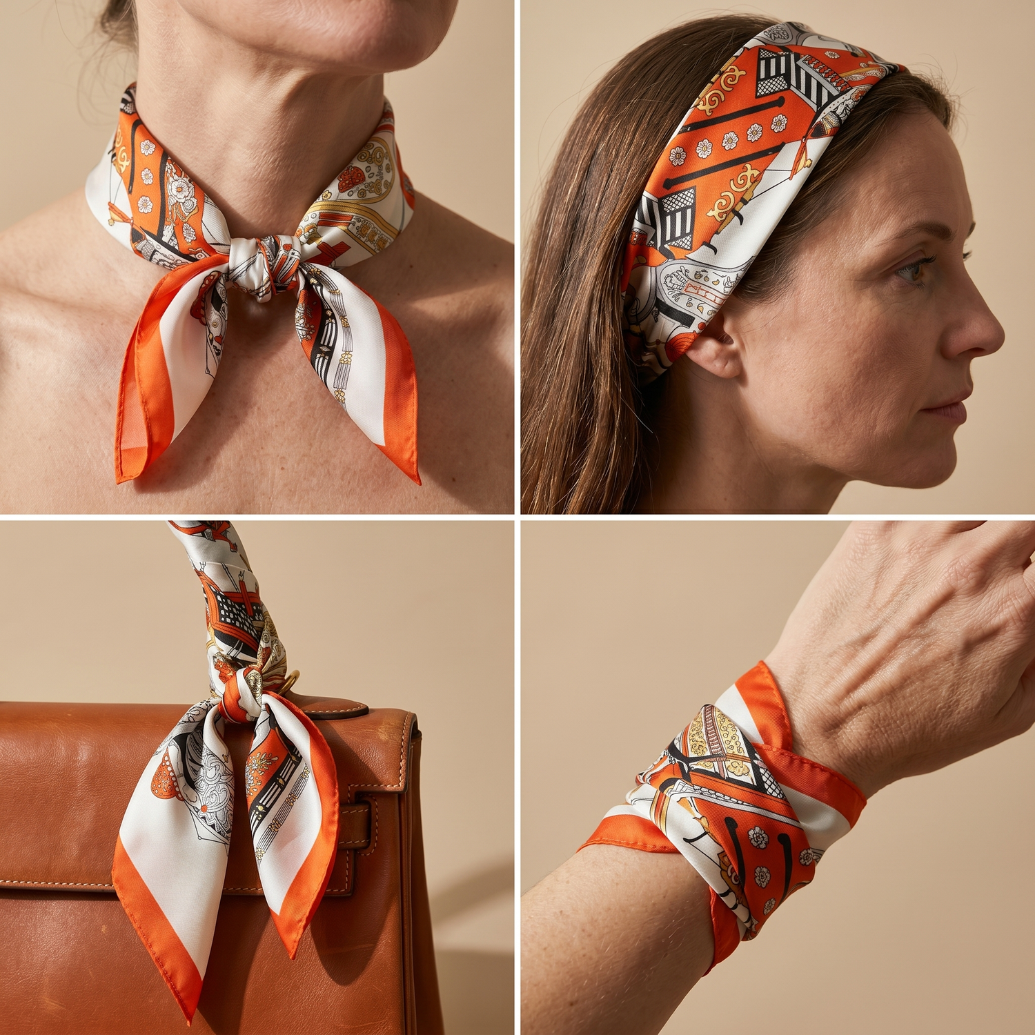 Roselys Paris foulard femme crème orange baroque carré satiné 70x70 cm, en bandeau dans les cheveux