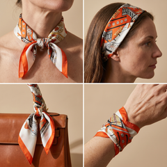 Roselys Paris foulard femme crème orange baroque carré satiné 70x70 cm, en bandeau dans les cheveux