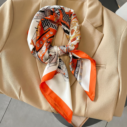 Roselys Paris foulard femme crème orange baroque carré satiné 70x70 cm