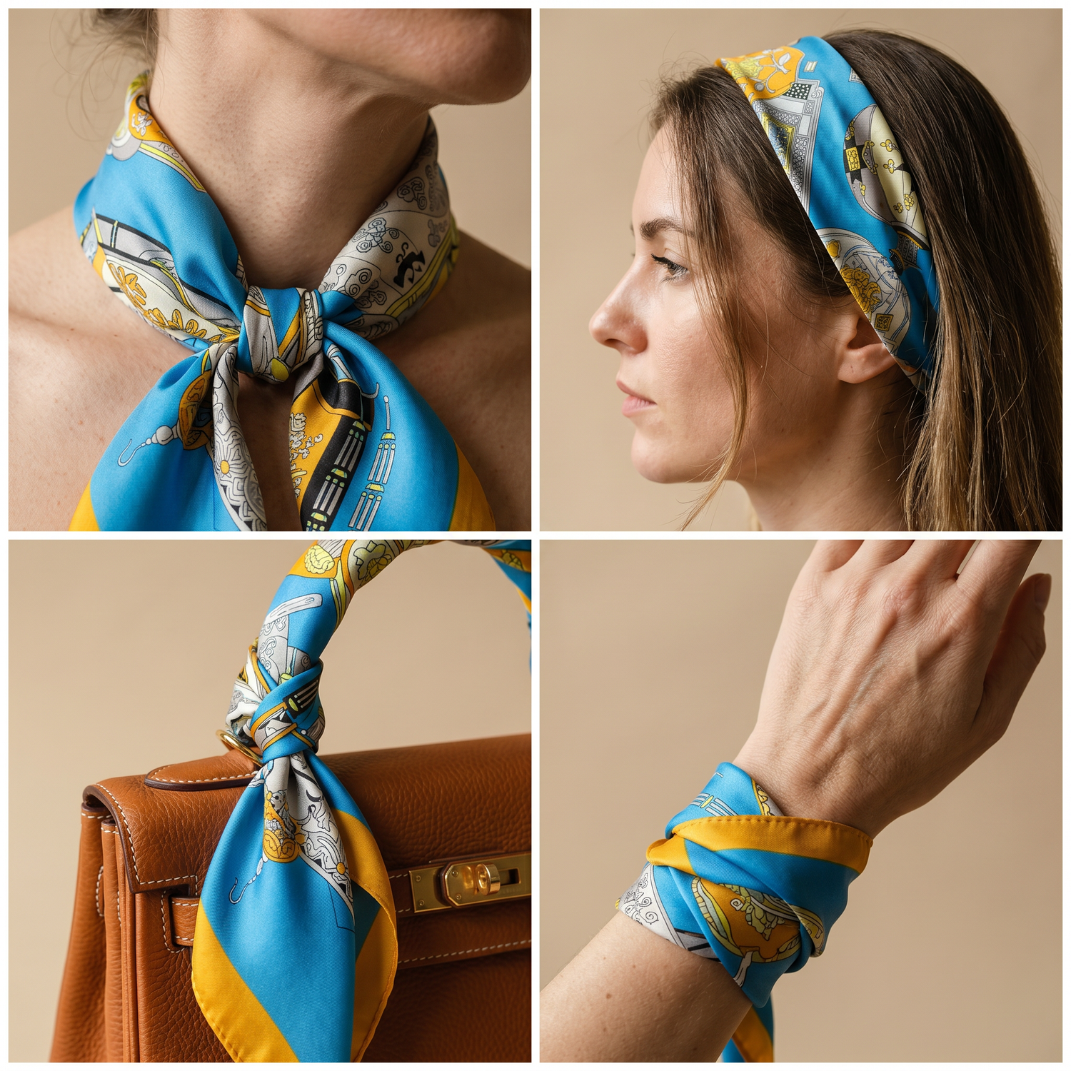 Roselys Paris foulard femme turquoise jaune abstrait carré satiné 70x70 cm, en bandeau dans les cheveux