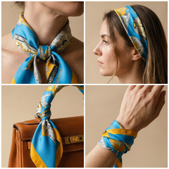 Roselys Paris foulard femme turquoise jaune abstrait carré satiné 70x70 cm, en bandeau dans les cheveux