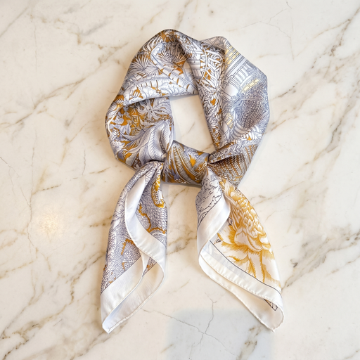 Roselys Paris foulard femme crème doré fleuri carré satiné 70x70 cm