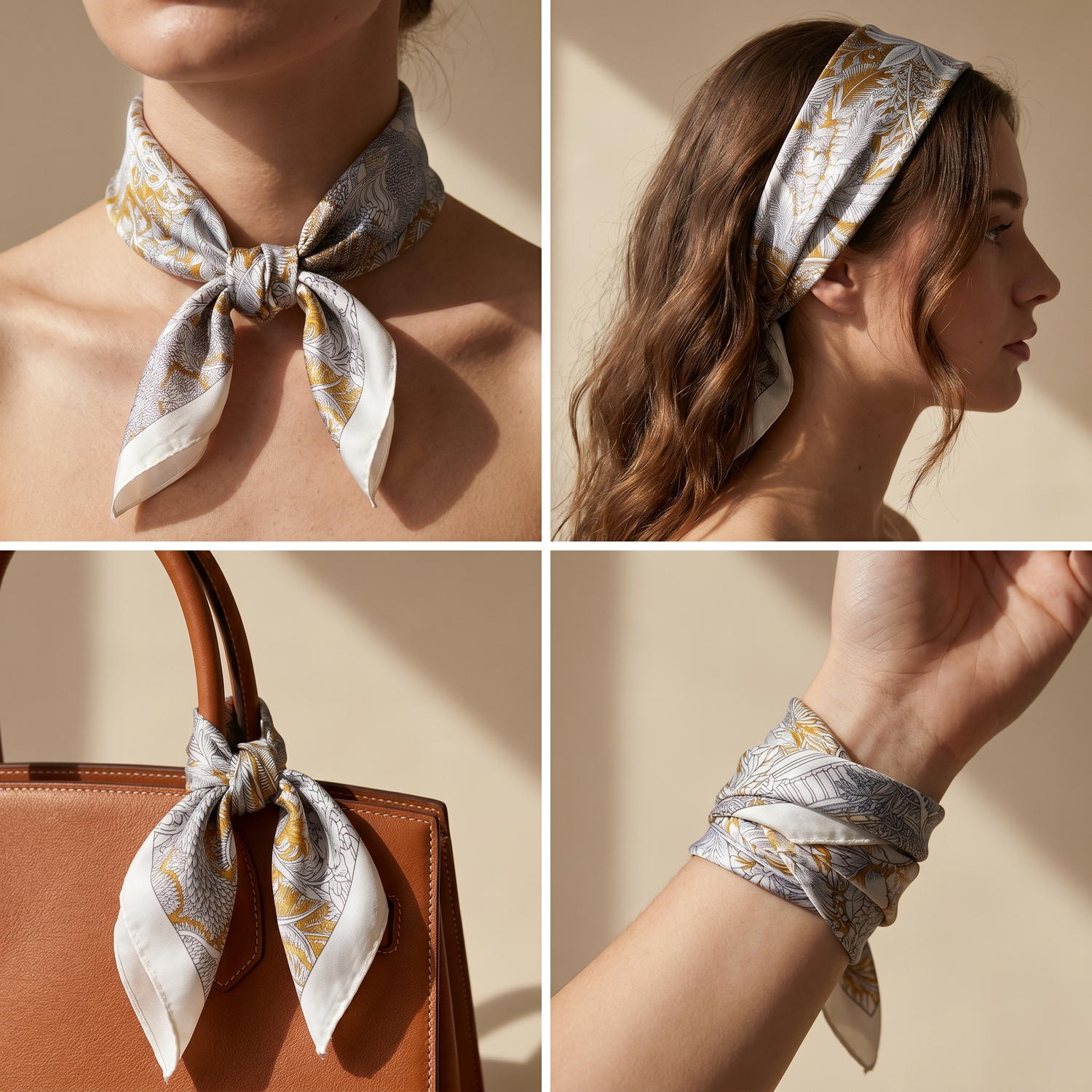Roselys Paris foulard femme crème doré fleuri carré satiné 70x70 cm, en bandeau dans les cheveux