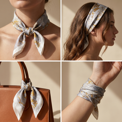 Roselys Paris foulard femme crème doré fleuri carré satiné 70x70 cm, en bandeau dans les cheveux