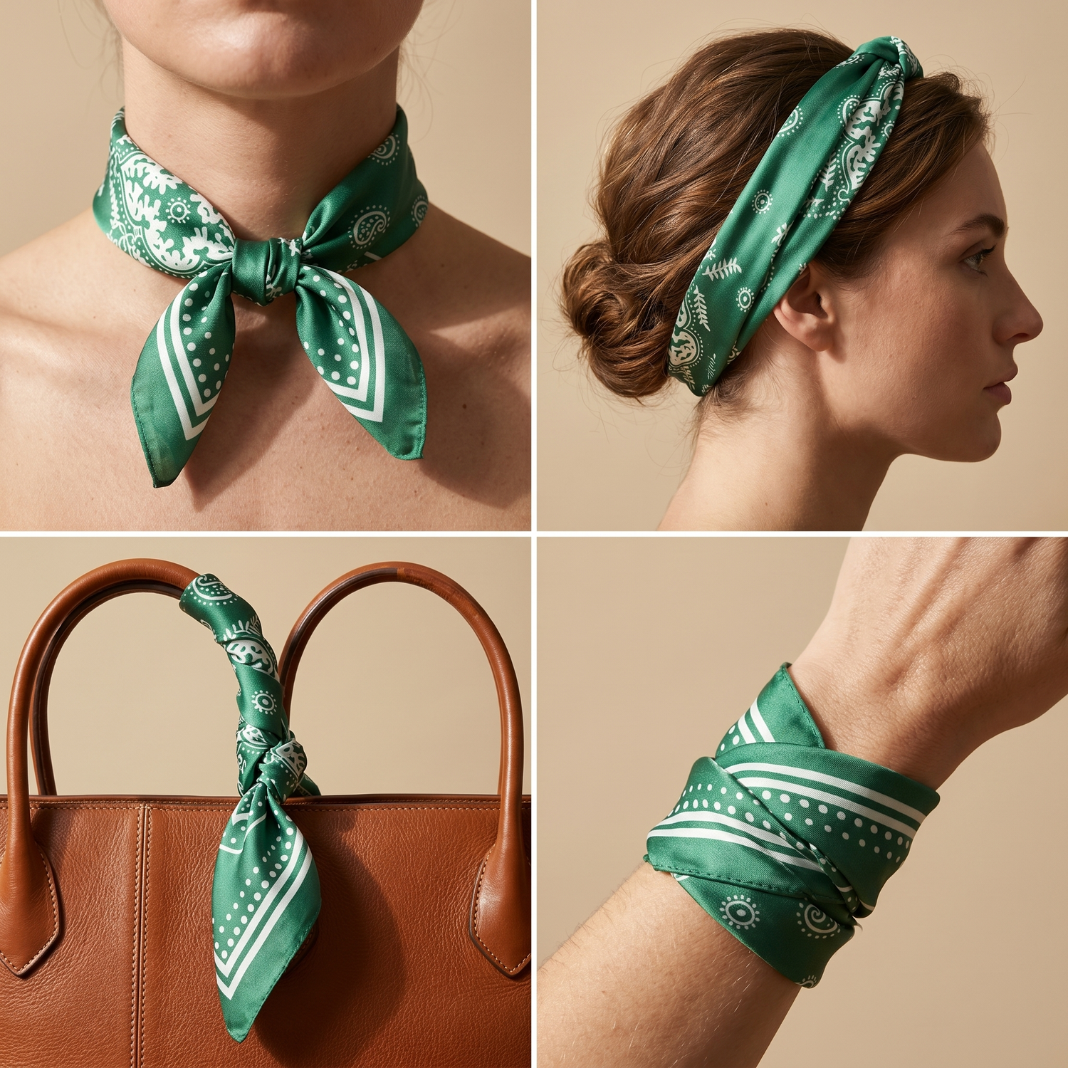 Roselys Paris foulard femme vert crème baroque carré satiné 70x70 cm, en bandeau dans les cheveux