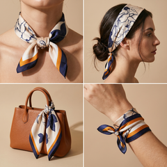 Roselys Paris foulard femme crème marine baroque carré satiné 70x70 cm, en bandeau dans les cheveux