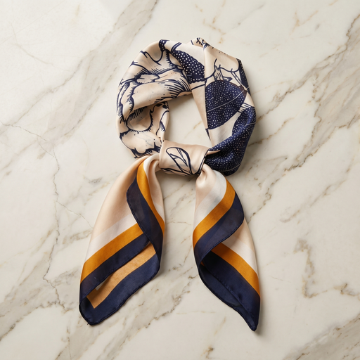 Roselys Paris foulard femme crème marine baroque carré satiné 70x70 cm