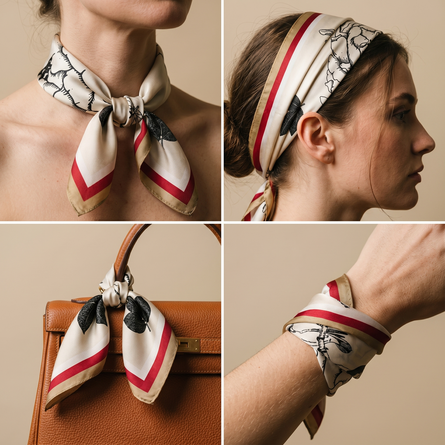 Roselys Paris foulard femme crème bordeaux baroque carré satiné 70x70 cm, en bandeau dans les cheveux