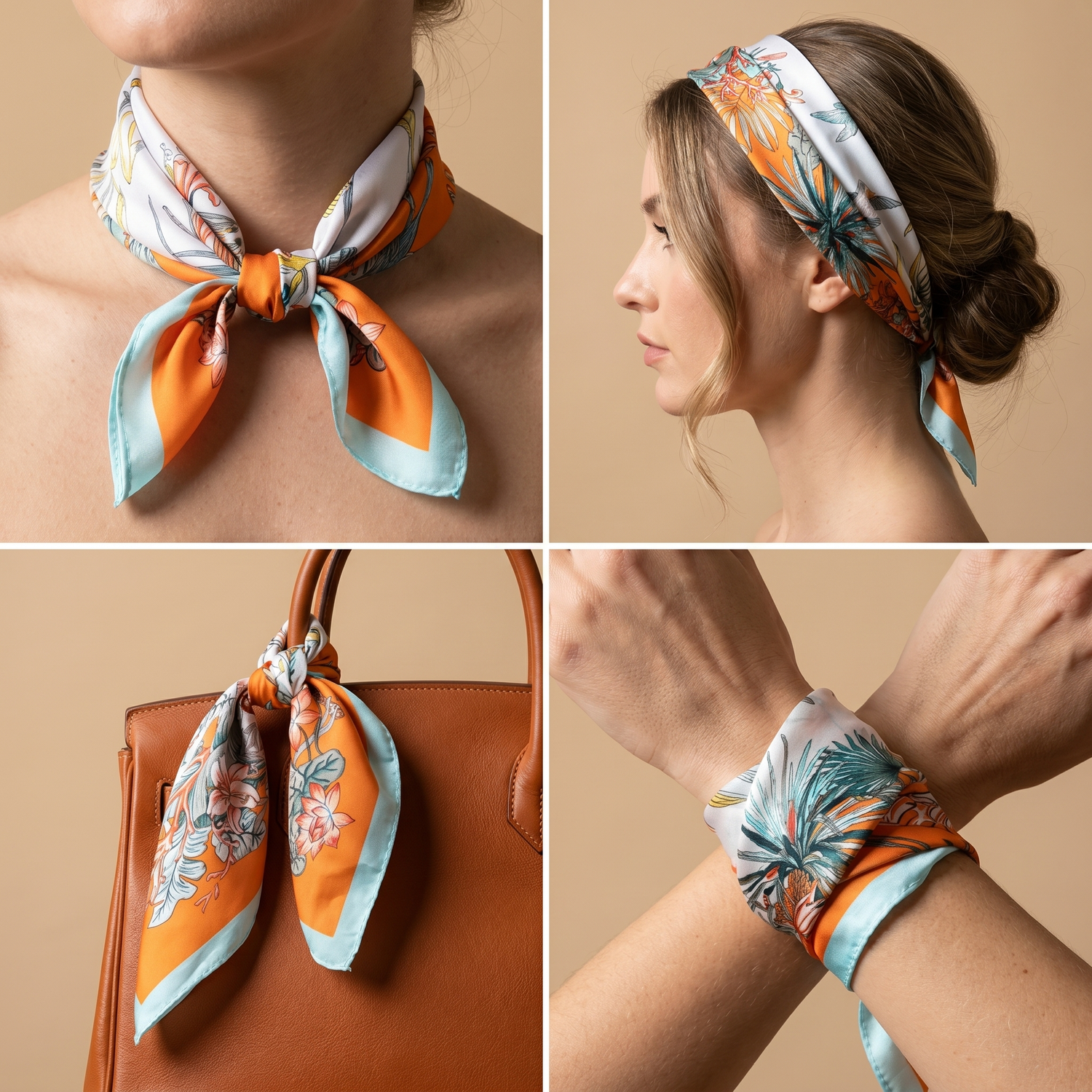 Roselys Paris foulard femme orange bleu ciel baroque carré satiné 70x70 cm, en bandeau dans les cheveux