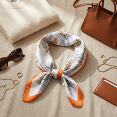 Roselys Paris foulard femme orange crème baroque carré satiné 70x70 cm, porté au cou