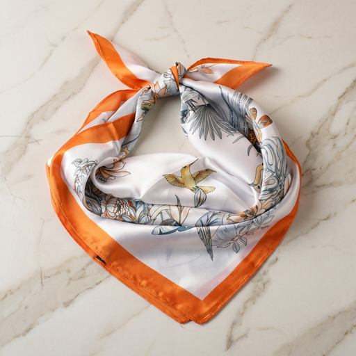 Roselys Paris foulard femme orange crème baroque carré satiné 70x70 cm