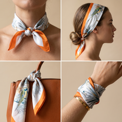 Roselys Paris foulard femme orange crème baroque carré satiné 70x70 cm, en bandeau dans les cheveux