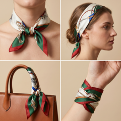 Roselys Paris foulard femme crème vert baroque carré satiné 70x70 cm, en bandeau dans les cheveux