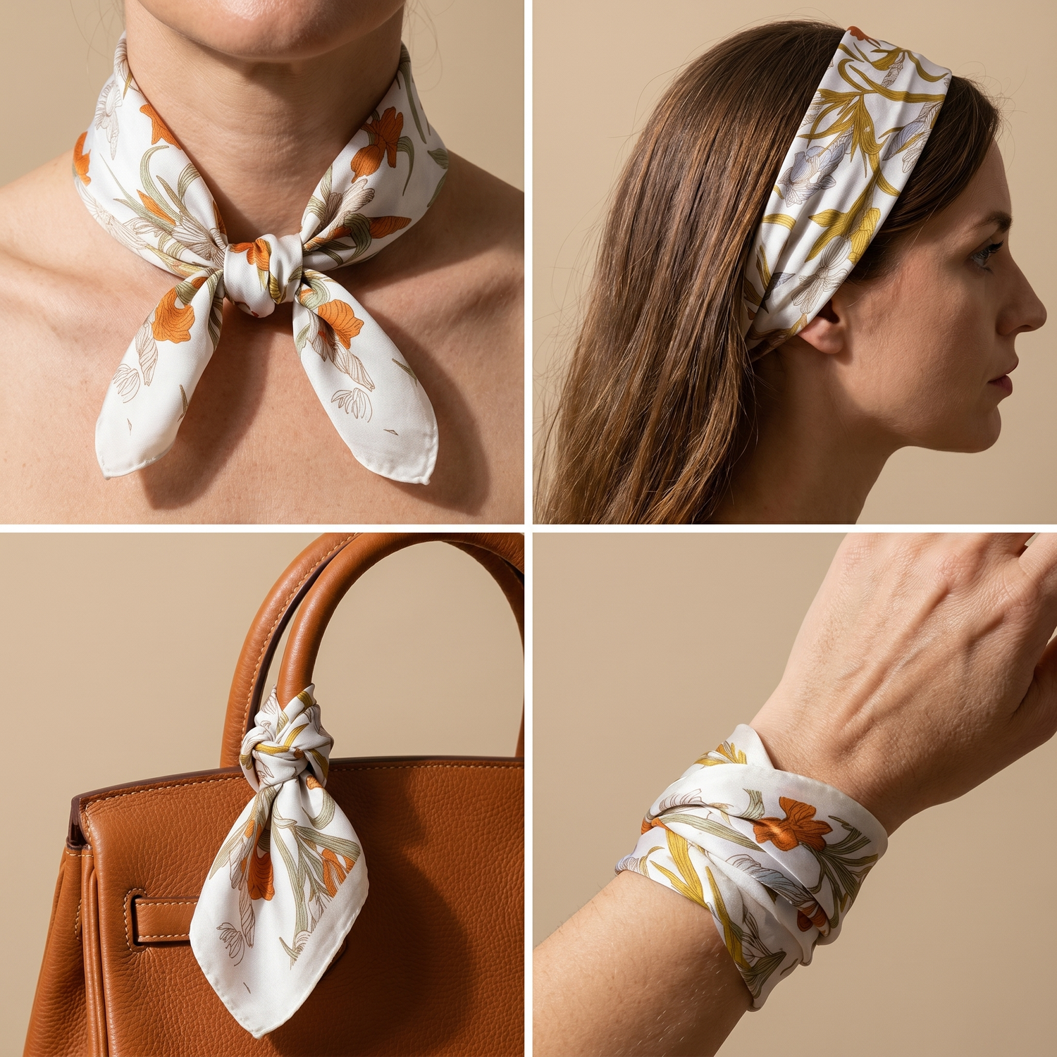 Roselys Paris foulard femme crème doré fleuri carré satiné 70x70 cm, en bandeau dans les cheveux
