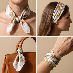 Roselys Paris foulard femme crème doré fleuri carré satiné 70x70 cm, en bandeau dans les cheveux