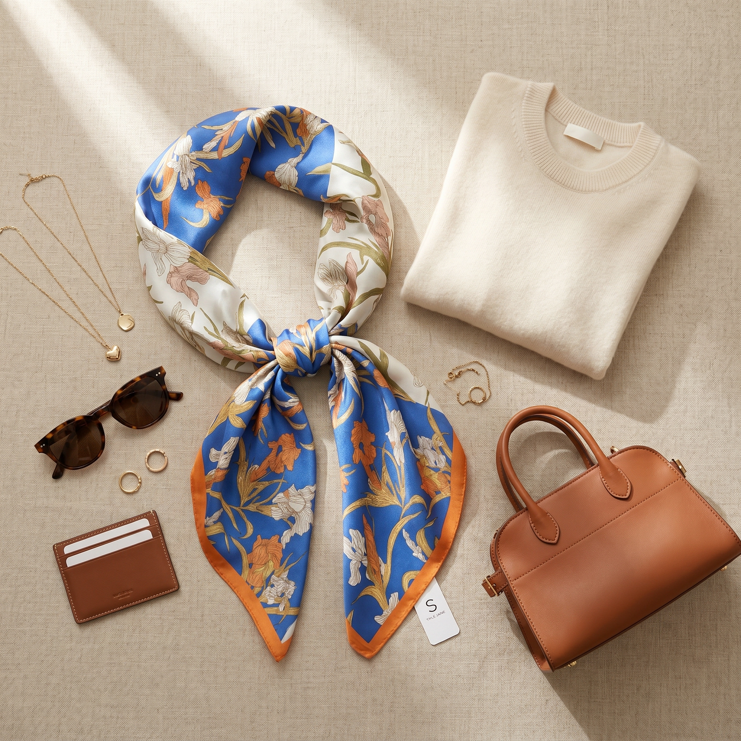 Roselys Paris foulard femme bleu orange fleuri carré satiné 70x70 cm, porté au cou