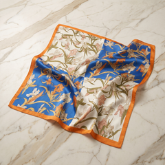 Roselys Paris foulard femme bleu orange fleuri carré satiné 70x70 cm
