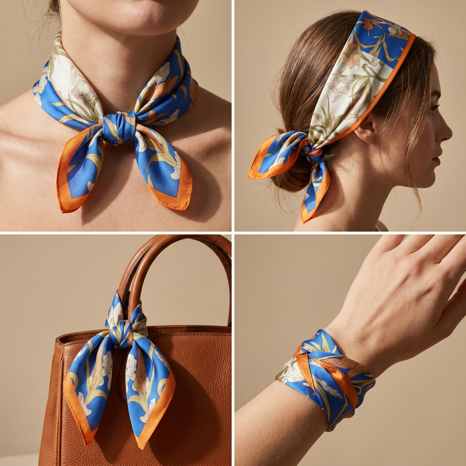 Roselys Paris foulard femme bleu orange fleuri carré satiné 70x70 cm, en bandeau dans les cheveux