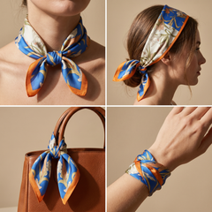 Roselys Paris foulard femme bleu orange fleuri carré satiné 70x70 cm, en bandeau dans les cheveux