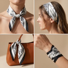 Roselys Paris foulard femme blanc noir fleuri carré satiné 70x70 cm, en bandeau dans les cheveux