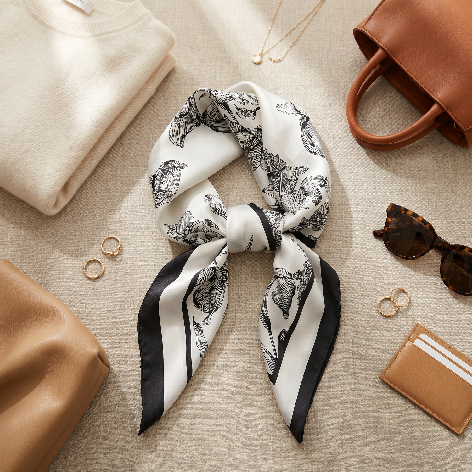 Roselys Paris foulard femme blanc noir fleuri carré satiné 70x70 cm, porté au cou