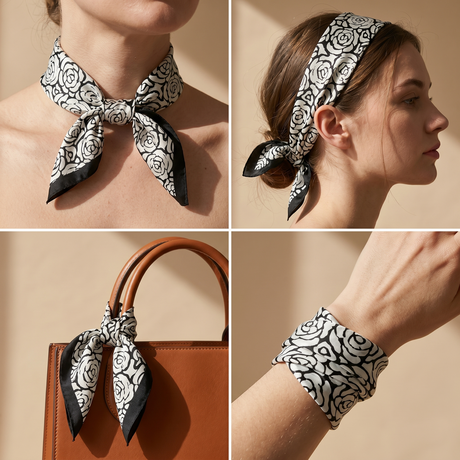 Roselys Paris foulard femme blanc noir baroque carré satiné 70x70 cm, en bandeau dans les cheveux