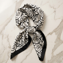 Roselys Paris foulard femme blanc noir baroque carré satiné 70x70 cm