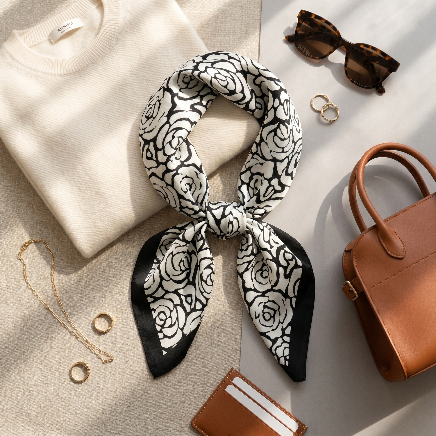 Roselys Paris foulard femme blanc noir baroque carré satiné 70x70 cm, porté au cou