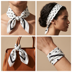 Roselys Paris foulard femme blanc noir géométrique carré satiné 70x70 cm, en bandeau dans les cheveux