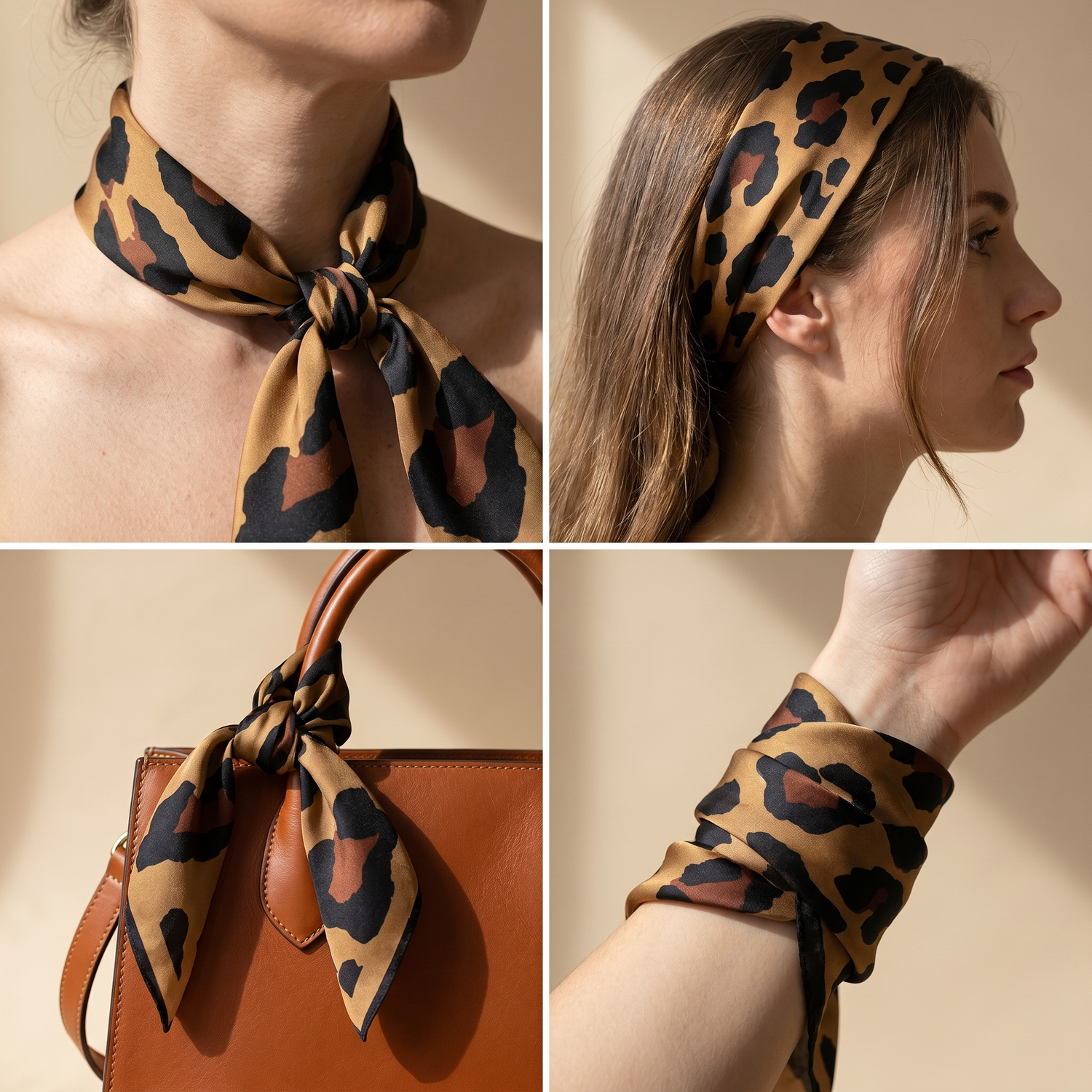 Roselys Paris foulard femme marron noir animalier carré satiné 70x70 cm, en bandeau dans les cheveux