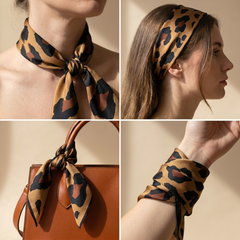 Roselys Paris foulard femme marron noir animalier carré satiné 70x70 cm, en bandeau dans les cheveux