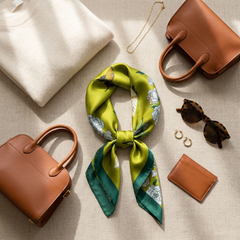 Roselys Paris foulard femme vert jaune fleuri carré satiné 70x70 cm, porté au cou