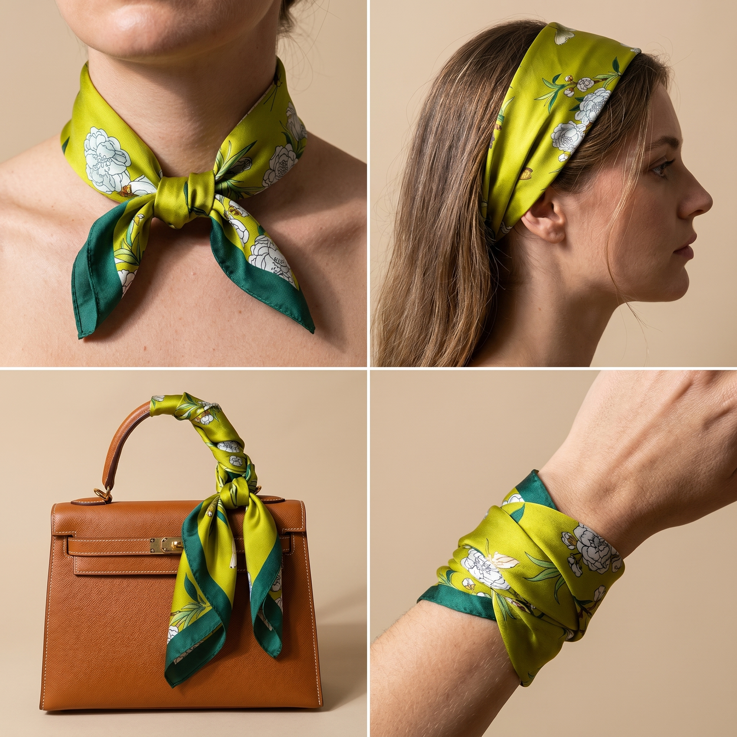 Roselys Paris foulard femme vert jaune fleuri carré satiné 70x70 cm, en bandeau dans les cheveux