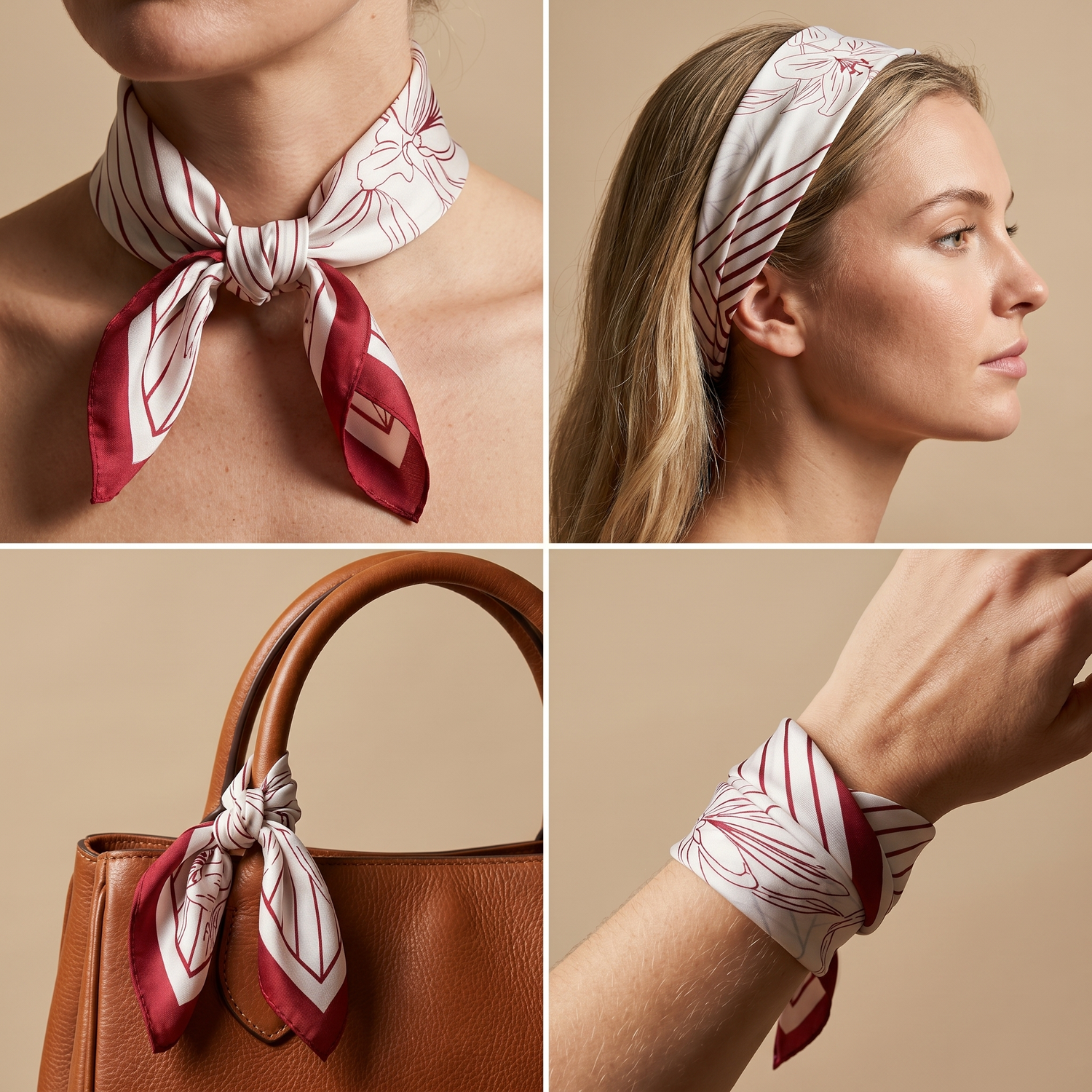 Roselys Paris foulard femme blanc rouge géométrique carré satiné 70x70 cm, en bandeau dans les cheveux