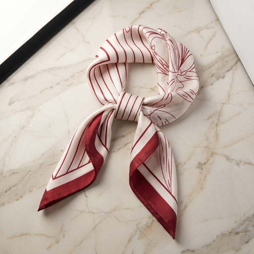 Roselys Paris foulard femme blanc rouge géométrique carré satiné 70x70 cm