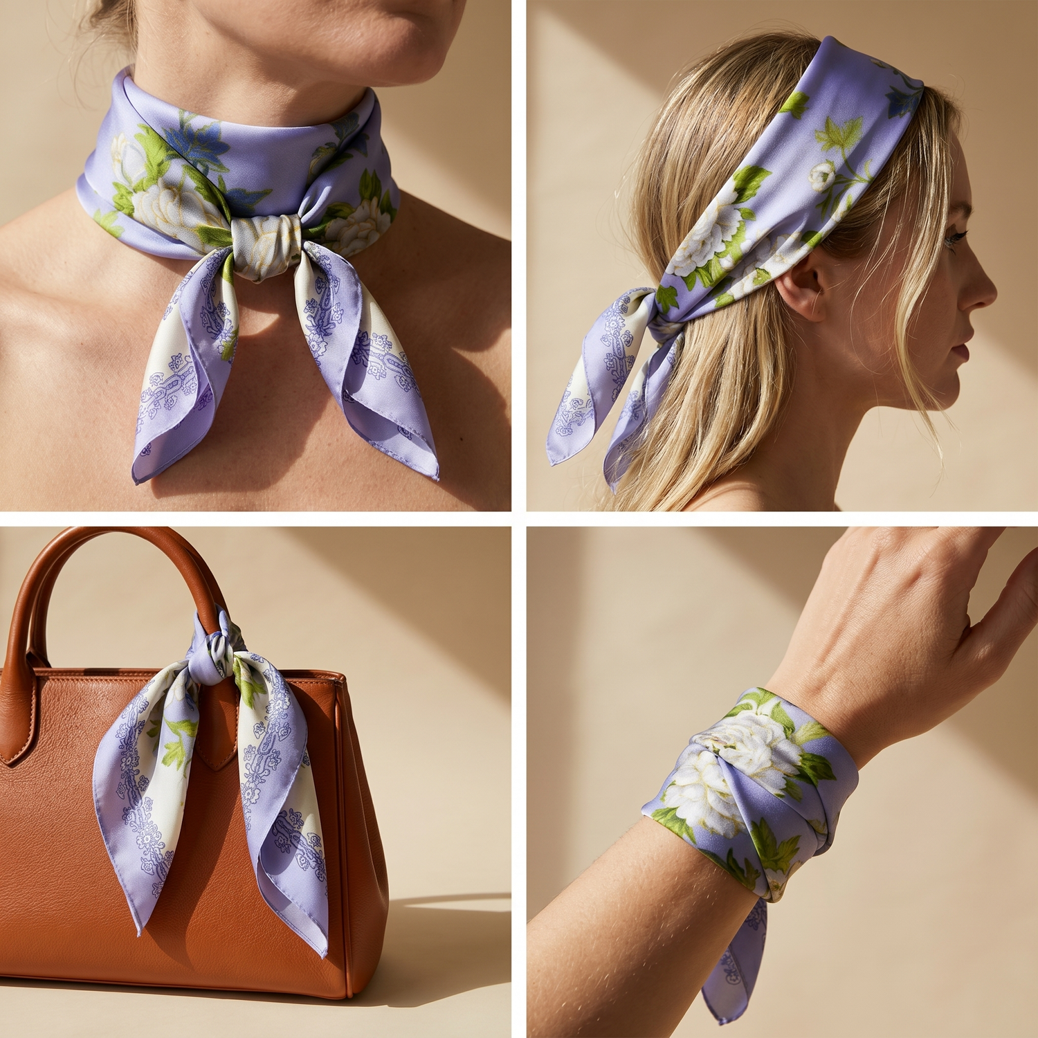 Roselys Paris foulard femme violet vert fleuri carré satiné 70x70 cm, en bandeau dans les cheveux