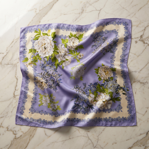 Roselys Paris foulard femme violet vert fleuri carré satiné 70x70 cm